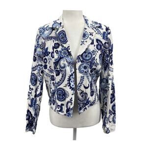 Jones New York Women’s Linen Paisley Blazer Blue White Cropped XS